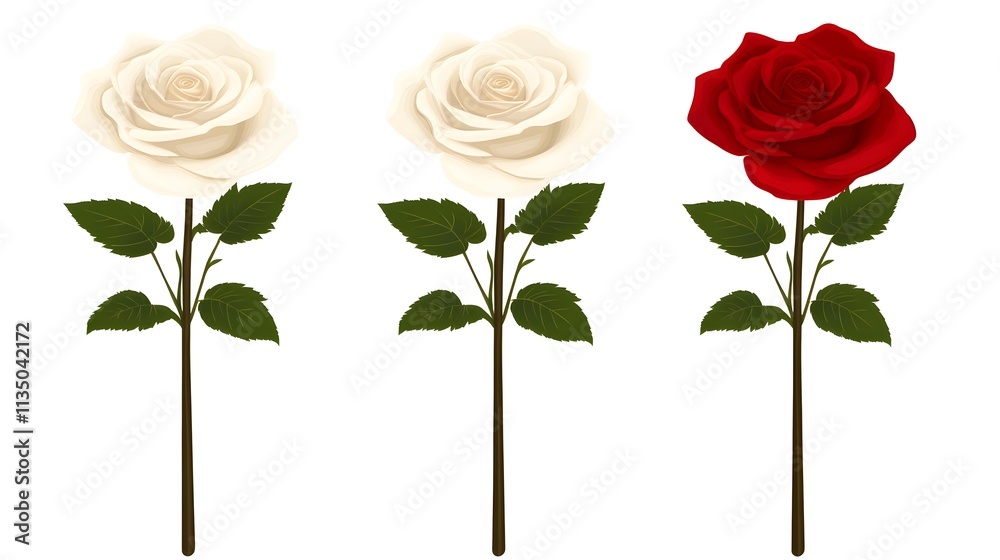 Fototapeta premium Romantic floral arrangement of white and red roses studio digital art minimalist close-up beauty
