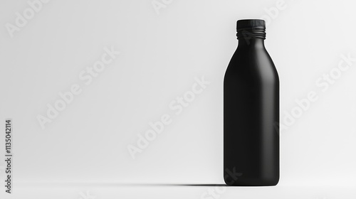 A striking black bottle stands tall on a smooth surface, casting delicate shadows that enhance its modern design in a clean, minimalist environment