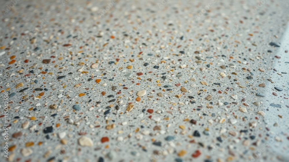 A close-up view of a textured surface with small colorful stones embedded in a grey background. A close-up view of a textured surface with small colorful stones embedded in a grey background.