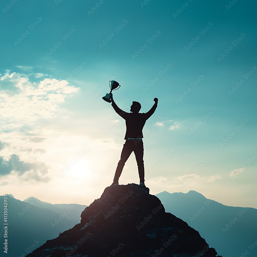 A silhouette of a victorious businessman standing on a mountain top, reaching for a trophy, symbolizes achievement, ambition, and success. A silhouette of a victorious businessman standing on a mountain top, reaching for a trophy, symbolizes achievement, ambition, and success.