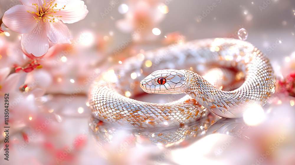 The Chinese New Year celebration is filled with red and gold decorations, and the snake is a significant symbol. Elegant Snake Coiled Among Blooming Flowers for Lunar New Year The Chinese New Year celebration is filled with red and gold decorations, and the snake is a significant symbol. Elegant Snake Coiled Among Blooming Flowers for Lunar New Year