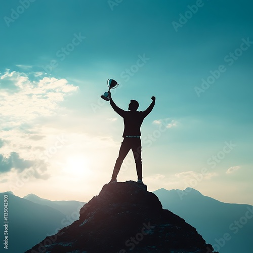 A silhouette of a victorious businessman standing on a mountain top, reaching for a trophy, symbolizes achievement, ambition, and success.