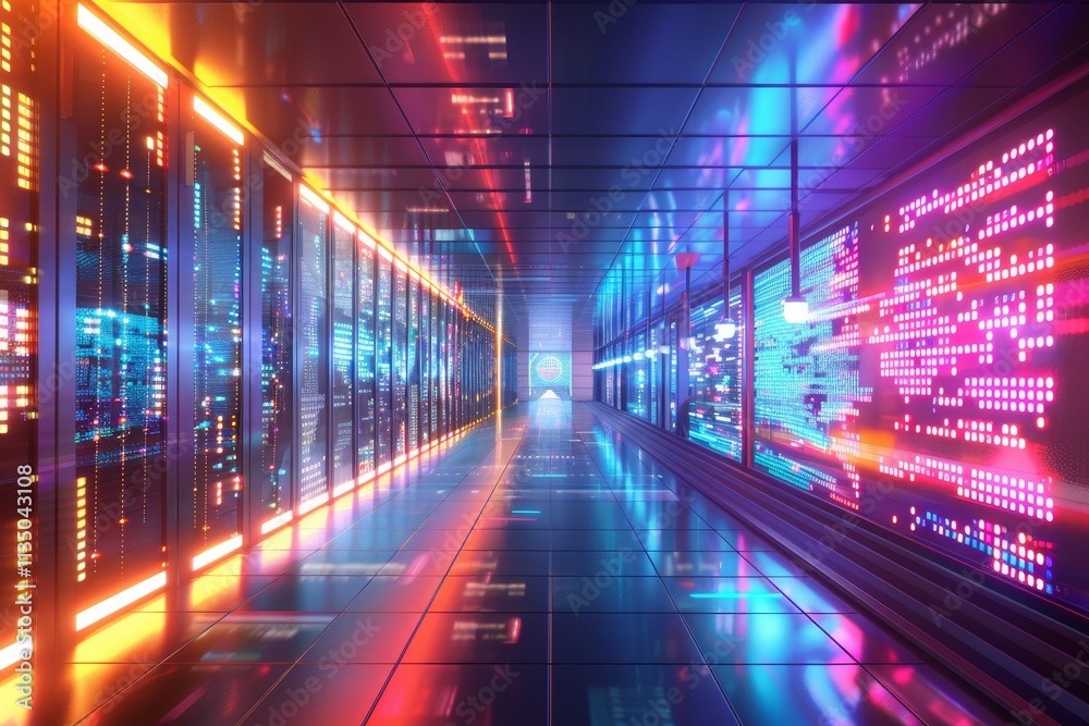 A corridor in a high-tech data center is illuminated with colorful lights, emphasizing the advanced systems. The space reflects a blend of technology and design within a modern atmosphere. A corridor in a high-tech data center is illuminated with colorful lights, emphasizing the advanced systems. The space reflects a blend of technology and design within a modern atmosphere.