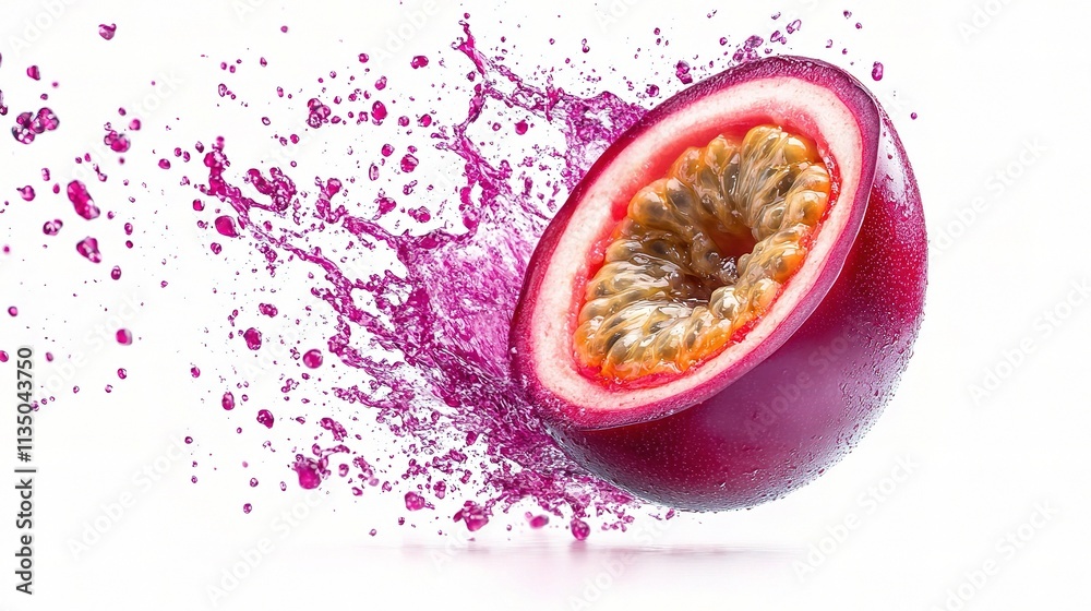 Vibrant Slice of Passionfruit with Splashes of Purple Liquid Vibrant Slice of Passionfruit with Splashes of Purple Liquid