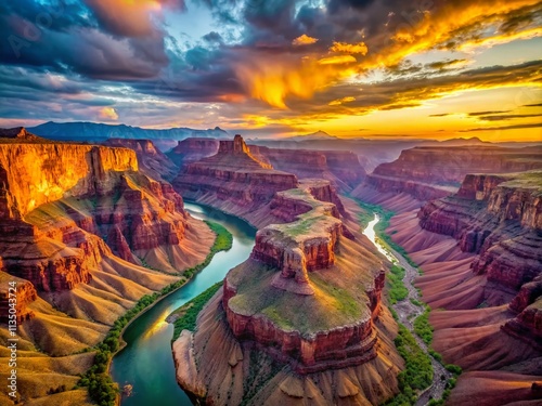 Majestic Aerial View of the Grand Canyon at Sunrise Showcasing Colorful Rock Formations and the Colorado River Winding Through the Stunning Landscape in Arizona's Natural Wonder