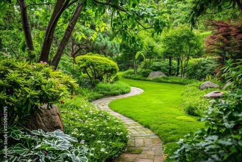 Wallpaper Mural A winding pathway made of stone meanders through a lush, green garden filled with a variety of vibrant plants and trees on a sunny afternoon. Torontodigital.ca