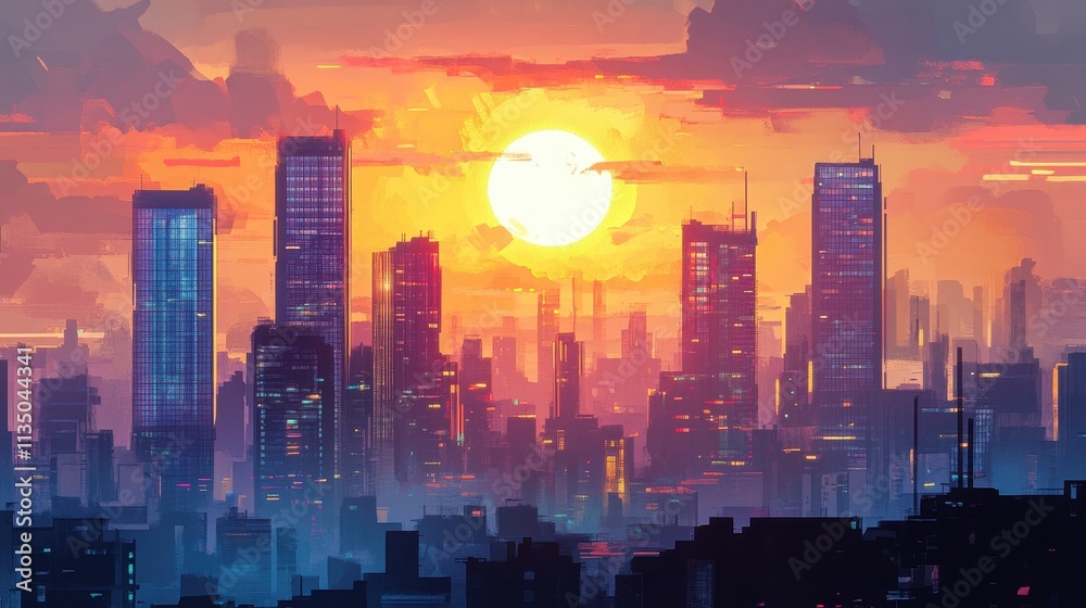 Fototapeta premium Vibrant Sunset Over Modern City Skyline with Beautiful Colors