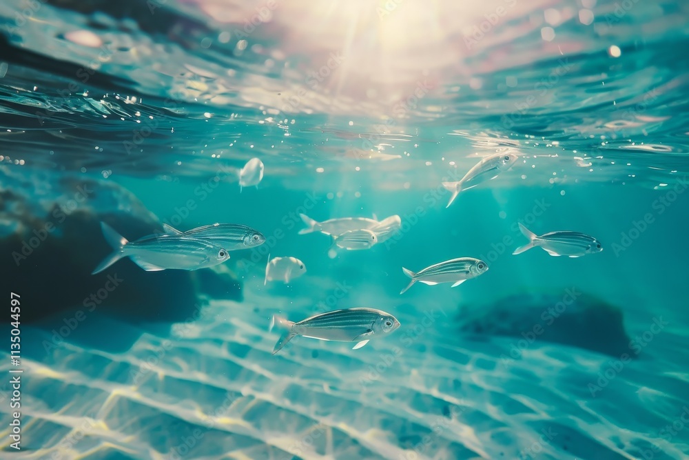 Fototapeta premium Schools of fish swim gracefully through clear turquoise water, illuminated by sunlight filtering from above, showcasing the beauty of marine life.