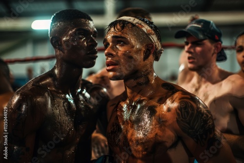 Two athletes, covered in sweat and oil, stand side by side with focused expressions after a grueling match inside a training gym, embodying resilience and teamwork. photo