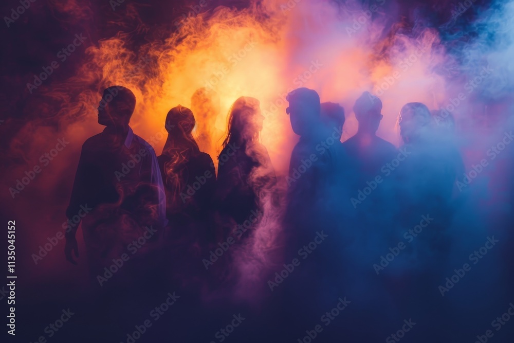 A group of individuals is silhouetted against a backdrop of swirling colored smoke, creating a mysterious and captivating ambiance during an evening event. A group of individuals is silhouetted against a backdrop of swirling colored smoke, creating a mysterious and captivating ambiance during an evening event.