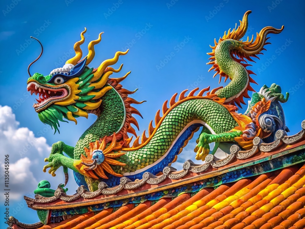 Majestic Chinese Dragon on a Traditional Roof Under a Clear Sky, Symbolizing Strength and Good Fortune, Perfect for Cultural and Architectural Themes Majestic Chinese Dragon on a Traditional Roof Under a Clear Sky, Symbolizing Strength and Good Fortune, Perfect for Cultural and Architectural Themes
