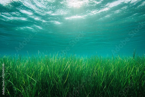 Grassy seabed and water surface underwater in the sea (Posidonia oceanica seagrass)