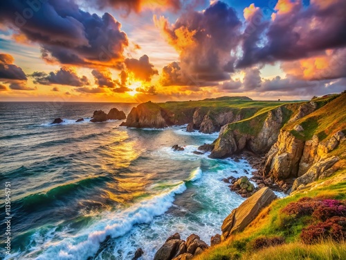 Majestic Cliffs of Guernsey at Sunset with Dramatic Skies and Waves Crashing on Rocky Shoreline, Capturing Nature’s Beauty in a Stunning Coastal Landscape
