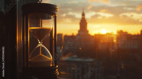 Hourglass on windowsill during sunset concept of time passing