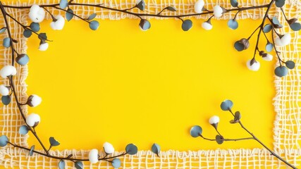 White Cotton Blossoms and Eucalyptus Branches Arranged on a Yellow Background with a Delicate Net Overlay