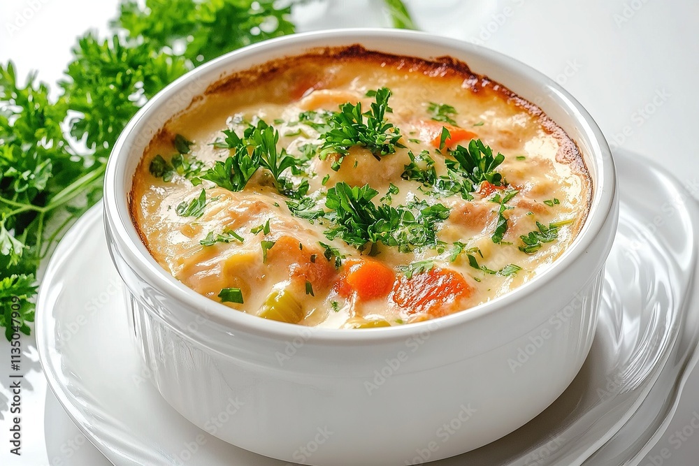 A bowl of Belgian waterzooi (creamy chicken stew) with vegetables, garnished with parsley. A bowl of Belgian waterzooi (creamy chicken stew) with vegetables, garnished with parsley.