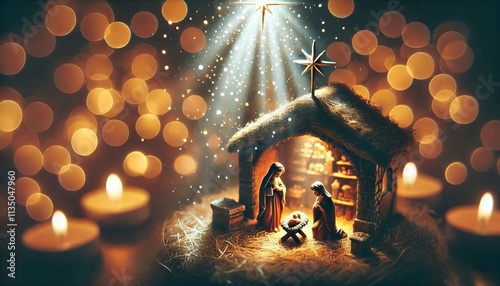 Birth of Jesus Christ - Nativity Scene - Catholic, Jewish Christian, New Testament - Joseph, Virgin Mary birth of Baby Christ Child of God in Stables of Bethlehem with Shepherds - Winter Solstice photo