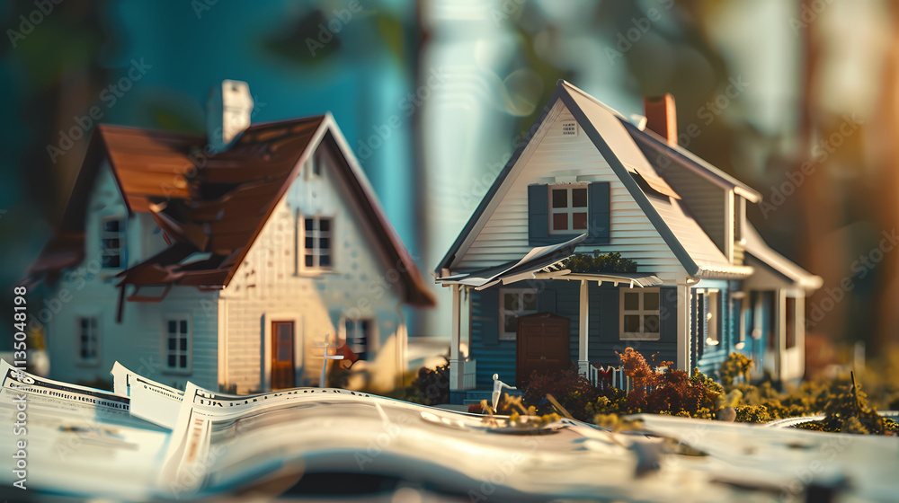 Dream Homes on a Map: Two miniature model homes, a classic and a modern style, stand proudly atop a detailed map, symbolizing the dream of owning a piece of the world. Dream Homes on a Map: Two miniature model homes, a classic and a modern style, stand proudly atop a detailed map, symbolizing the dream of owning a piece of the world.