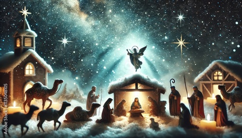 Birth of Jesus Christ - Nativity Scene - Catholic, Jewish Christian, New Testament - Joseph, Virgin Mary birth of Baby Christ Child of God in Stables of Bethlehem with Shepherds - Winter Solstice photo