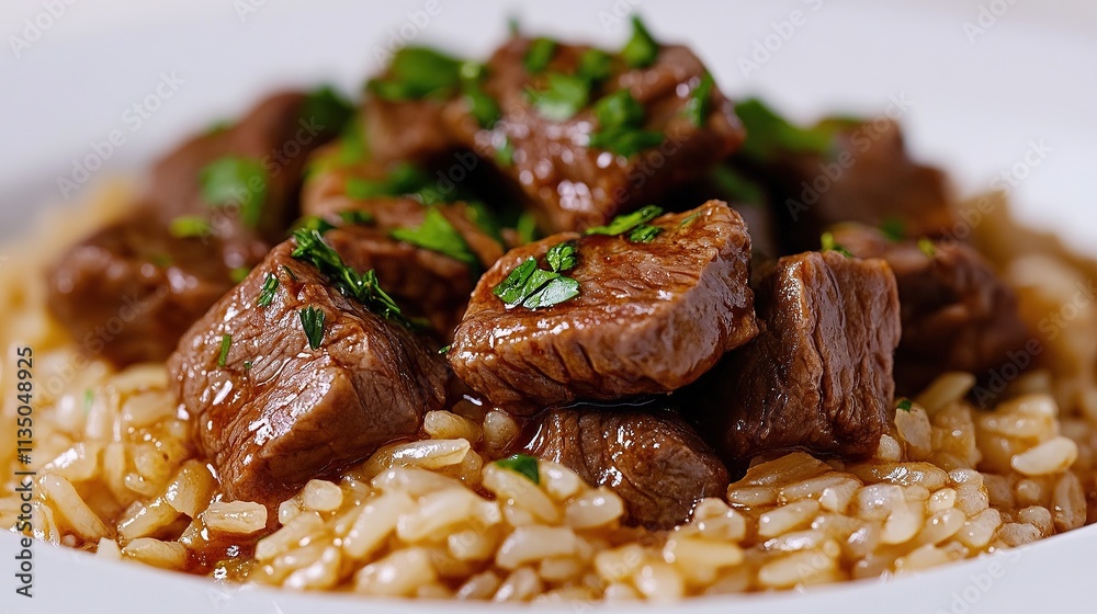 Close-up of arroz carreteiro showing detailed textures of beef and rice. Close-up of arroz carreteiro showing detailed textures of beef and rice.