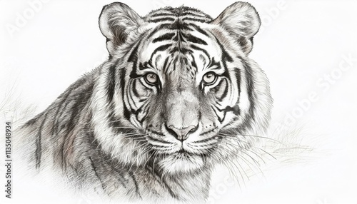 Tiger sketched in pencil on white background