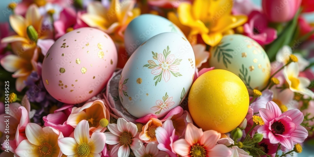 A festive display of colorful Easter eggs nestled amongst vibrant pink, yellow, and white blossoms, symbolizing the joy and renewal of springtime. A festive display of colorful Easter eggs nestled amongst vibrant pink, yellow, and white blossoms, symbolizing the joy and renewal of springtime.