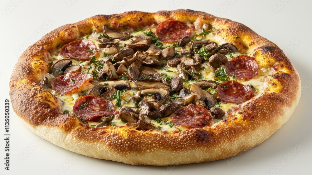 Mouthwatering pizza topped with pepperoni, mushrooms, and herbs on a golden crust, perfect for food photography and culinary inspirations Mouthwatering pizza topped with pepperoni, mushrooms, and herbs on a golden crust, perfect for food photography and culinary inspirations
