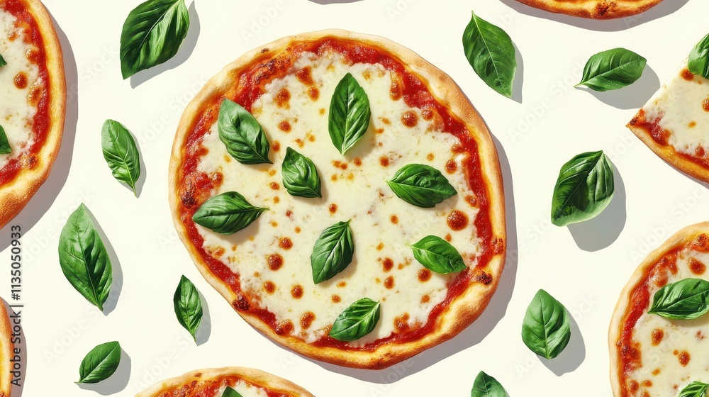 Freshly Baked Margherita Pizza with Basil Leaves on a Light Background, Perfect for Food Photography or Culinary Design Projects Freshly Baked Margherita Pizza with Basil Leaves on a Light Background, Perfect for Food Photography or Culinary Design Projects