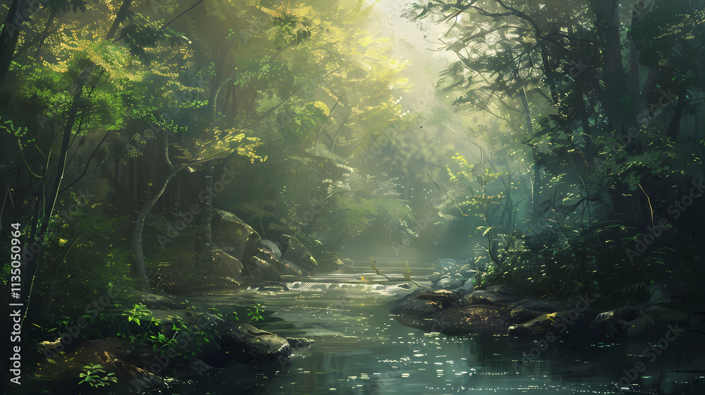 Misty Rainforest River: Sunlight streams through the dense canopy of a lush rainforest, illuminating a tranquil river winding its way through the vibrant green foliage. Misty Rainforest River: Sunlight streams through the dense canopy of a lush rainforest, illuminating a tranquil river winding its way through the vibrant green foliage.