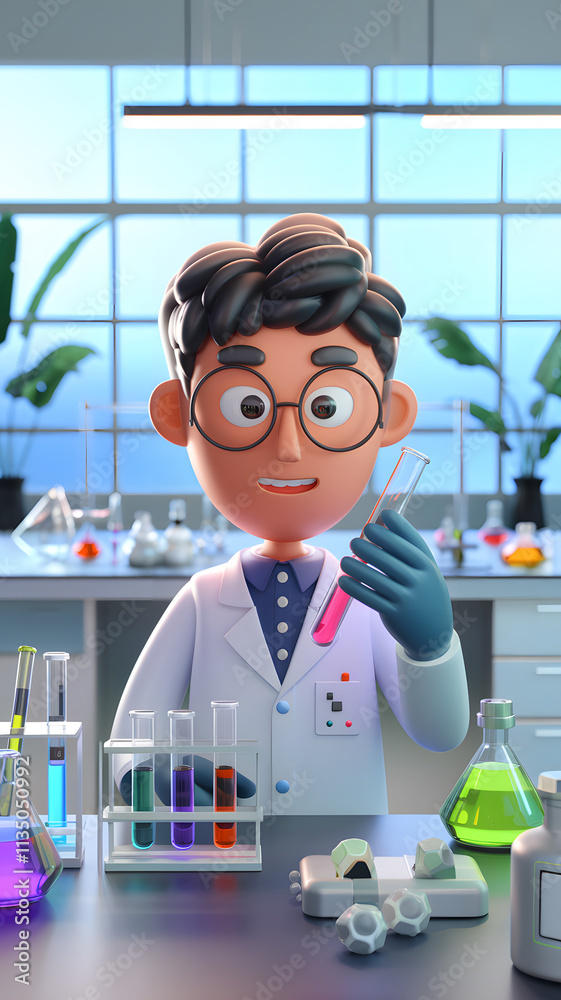A cheerful cartoon scientist in a lab coat holding a test tube, surrounded by colorful beakers and laboratory equipment in a bright lab setting. A cheerful cartoon scientist in a lab coat holding a test tube, surrounded by colorful beakers and laboratory equipment in a bright lab setting.