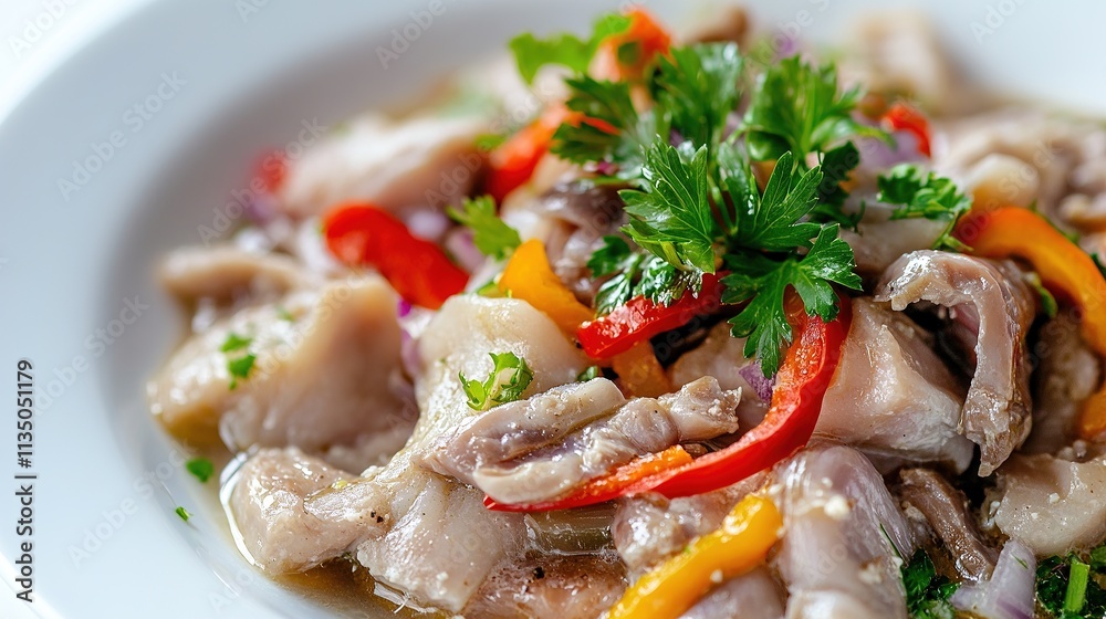 Close-up of ciorbă de burtă showing tender tripe and vibrant garnishes. Close-up of ciorbă de burtă showing tender tripe and vibrant garnishes.