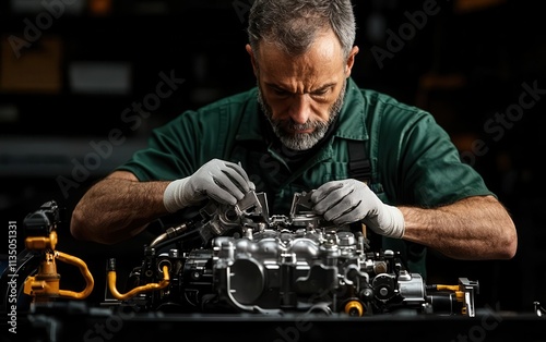 mechanics repair concept. A high-performance engine being assembled with forged components for extreme durability, mechanics repair engine durability, precision automotive repair photo