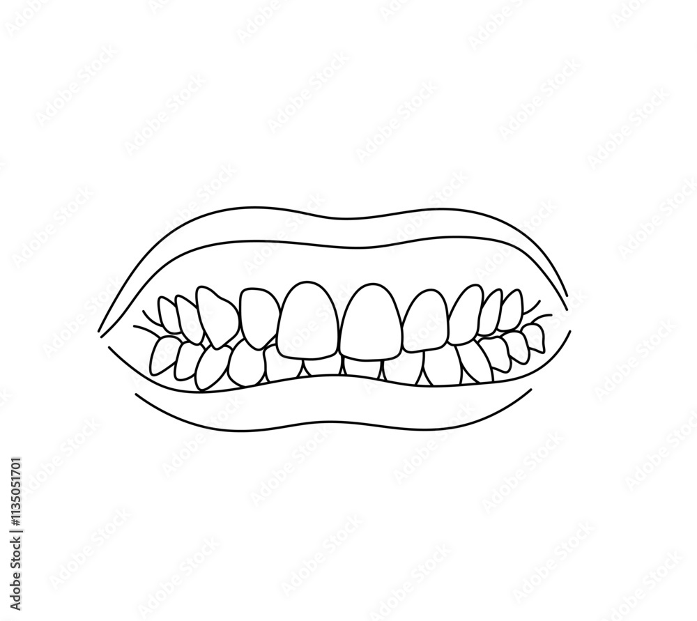 Vector isolated tooth with lips mouth doodle sketch colorless black and white contour line easy drawing Vector isolated tooth with lips mouth doodle sketch colorless black and white contour line easy drawing