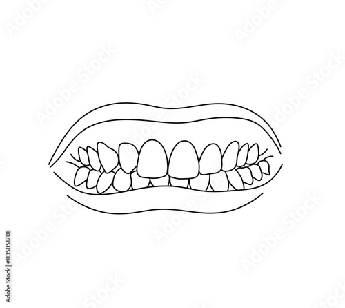 Vector isolated tooth with lips mouth doodle sketch  colorless black and white contour line easy drawing