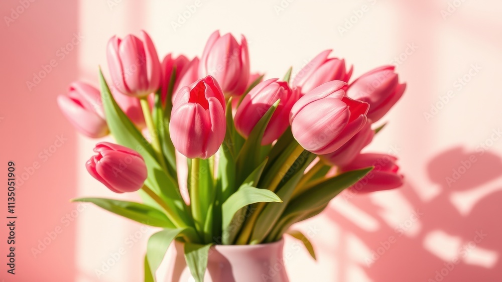 A delicate bouquet of pink tulips in a soft pink vase, bathed in the warm glow of sunlight, casts delicate shadows on a soft pink backdrop. A delicate bouquet of pink tulips in a soft pink vase, bathed in the warm glow of sunlight, casts delicate shadows on a soft pink backdrop.