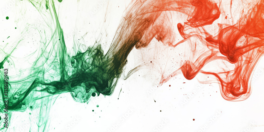 Abstract red and green ink clouds swirling in water on white background. Colorful fluid art with vibrant movement and texture for modern design, posters, banners, and backgrounds. Abstract red and green ink clouds swirling in water on white background. Colorful fluid art with vibrant movement and texture for modern design, posters, banners, and backgrounds.
