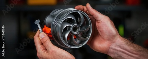 mechanics repair concept. A close-up of hands using a hex key to adjust a turbocharger in an engine, mechanics repair engine adjustment, high-performance mechanical work