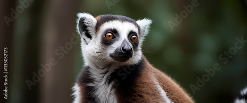 Curious Lemur Portrait: A ring-tailed lemur with captivating amber eyes peers intently from the dense jungle, capturing its innate curiosity and gentle nature.  