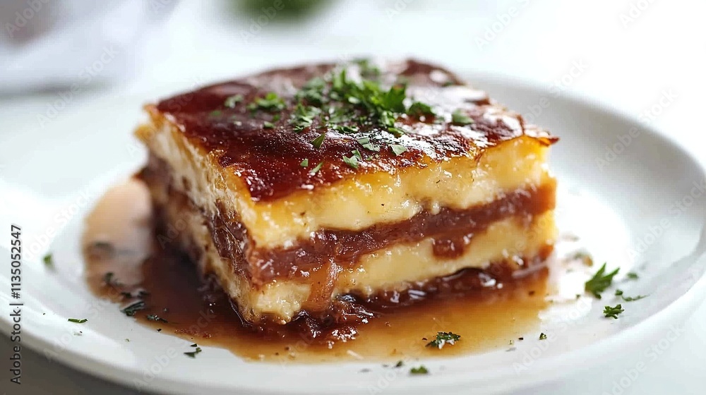 Close-up of francesinha showing layered fillings and glossy sauce. Close-up of francesinha showing layered fillings and glossy sauce.