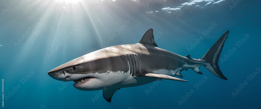 Fototapeta premium Majestic Great White Shark: A powerful great white shark glides effortlessly through the ocean depths, sunlight streaming through the water above.