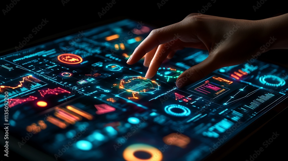 Fototapeta premium Hand touching a virtual screen with business data