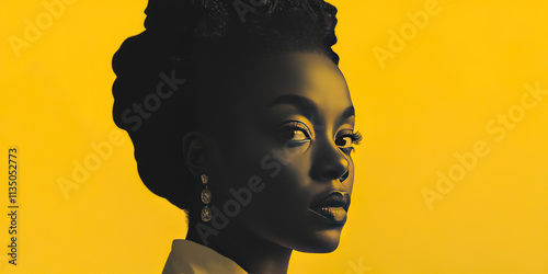 Artistic portrait of a Black woman with elegant jewelry against a bold yellow background. Modern, minimalist design celebrating beauty, strength, and empowerment.