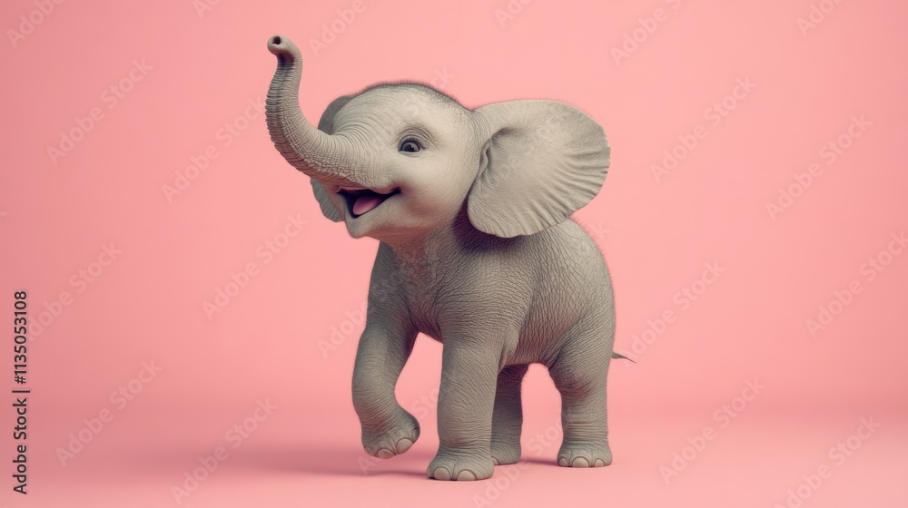 Happy Baby Elephant Standing on Pink Background