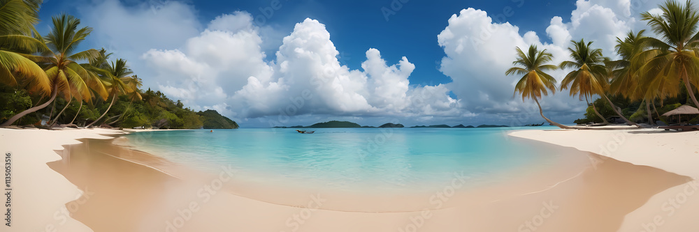 Tropical Paradise Beach: Idyllic tropical beach scene with crystal-clear turquoise water, soft white sand. Tropical Paradise Beach: Idyllic tropical beach scene with crystal-clear turquoise water, soft white sand.