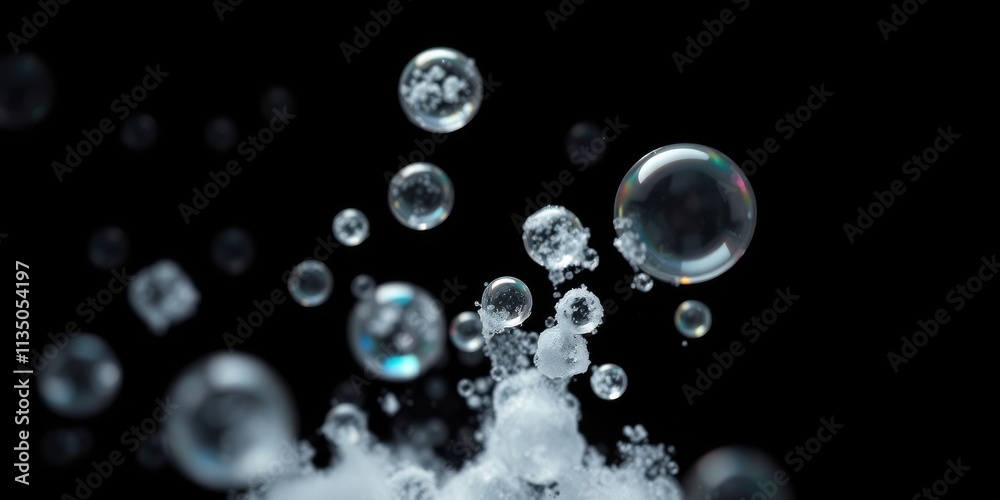 A collection of iridescent bubbles suspended in a frosty mist against a deep black background. A collection of iridescent bubbles suspended in a frosty mist against a deep black background.
