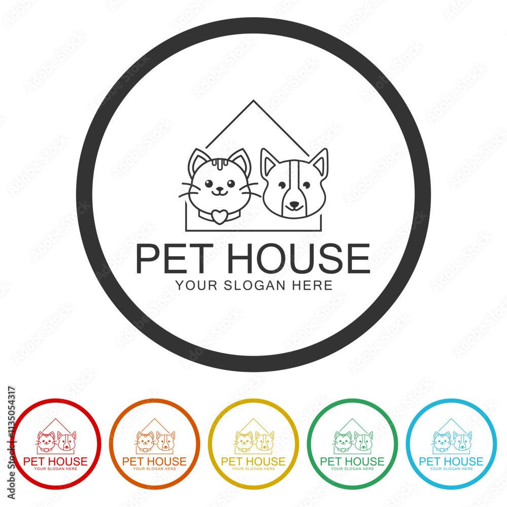 Dog cat pet house home Line icon. Set icons in color circle buttons Dog cat pet house home Line icon. Set icons in color circle buttons