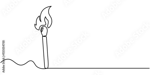 Continuous one line drawing of burning match. simple burning match stick line art vector illustration. Editable stroke, Burning match drawn by hand with a continuous line. Vector illustration of match