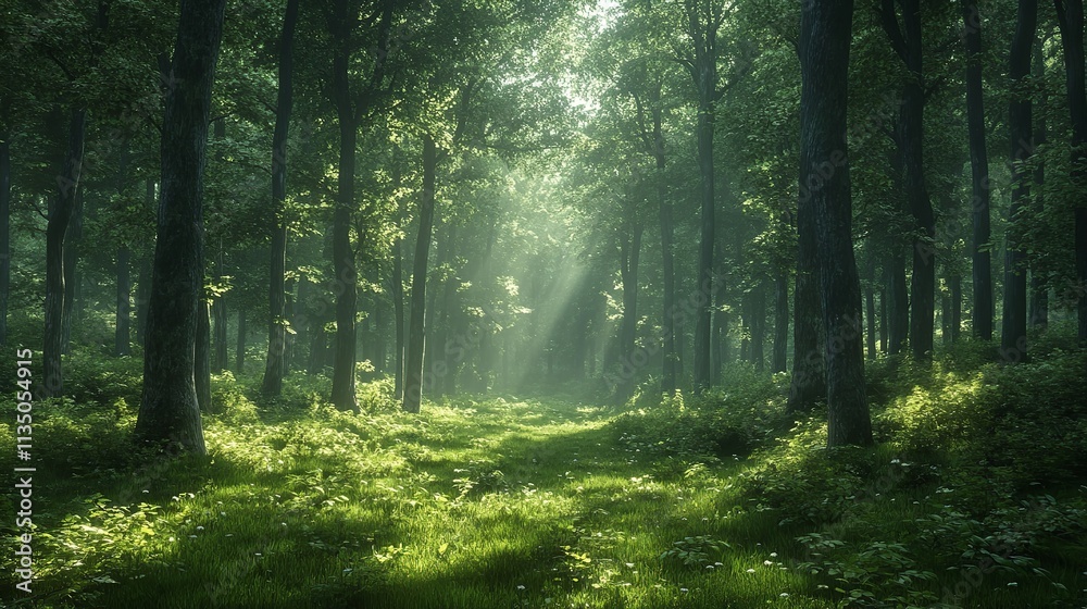 Obraz premium Sunbeams Illuminating a Misty Forest Clearing