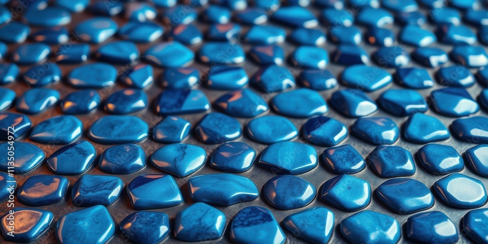 Fototapeta premium A Close-Up View of Smooth, Glossy, Deep Blue Pebbles Arranged in a Regular Pattern, Creating a Textured and Geometrically Pleasing Composition