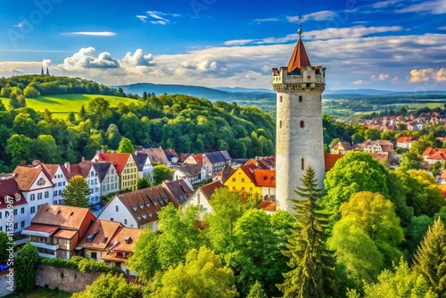 Majestic Turm Mehlsack in Ravensburg Surrounded by Lush Greenery and a Clear Blue Sky, Perfect for Scenic Views and Architectural Highlights with Ample Copy Space for Text photo